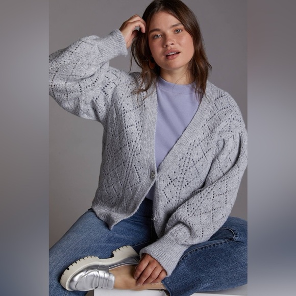 Anthropologie Gray Off-the-Shoulder Sweater with Intricate Knit Design - Picture 4 of 15